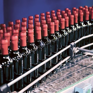 Wine bottles in the bottling plant