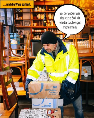 Towary są następnie sortowane na miejscu, a w razie potrzeby puste opakowania są zabierane.