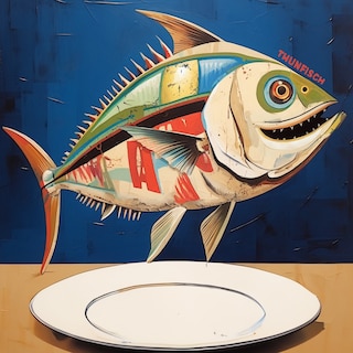 Fresh happy tuna over a plate - This image was created by an image generator with the help of artificial intelligence.