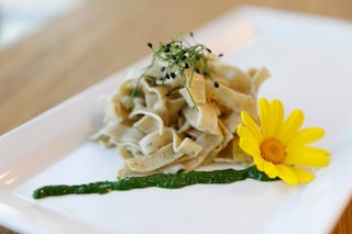 Pasta agli insetti con pesto servita in un piatto